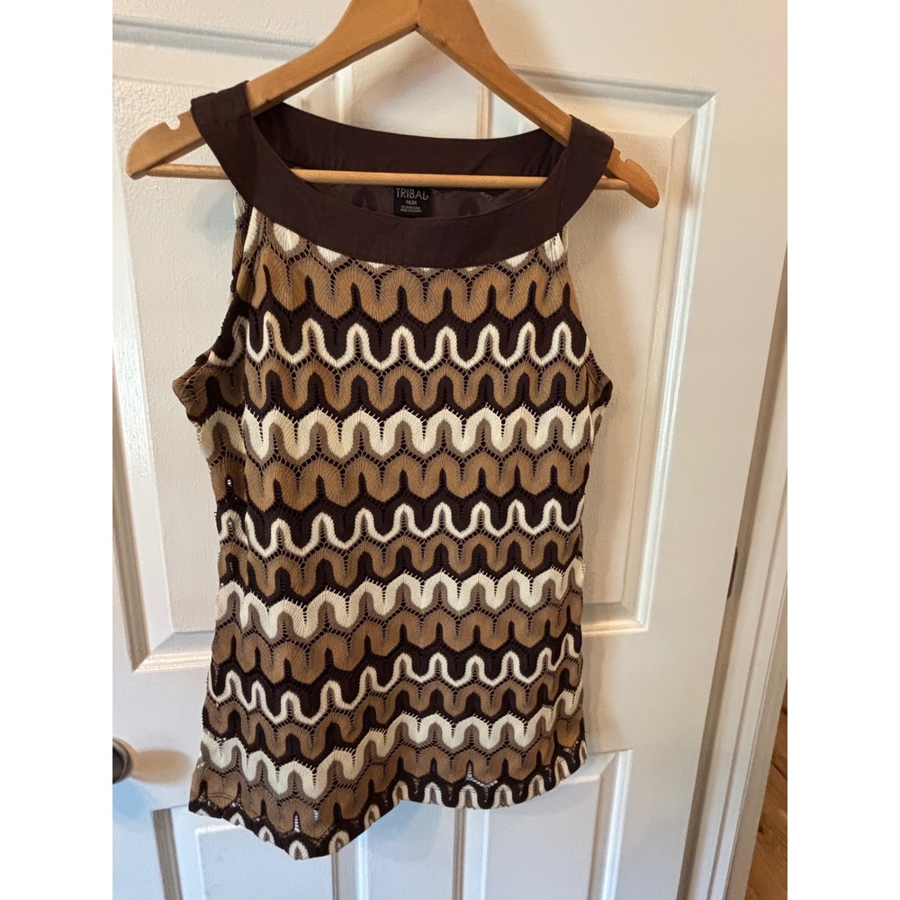 Tribal Sleeveless Knit Shell Top Brown Tan Chevron Wave Pattern ~ SZ Medium